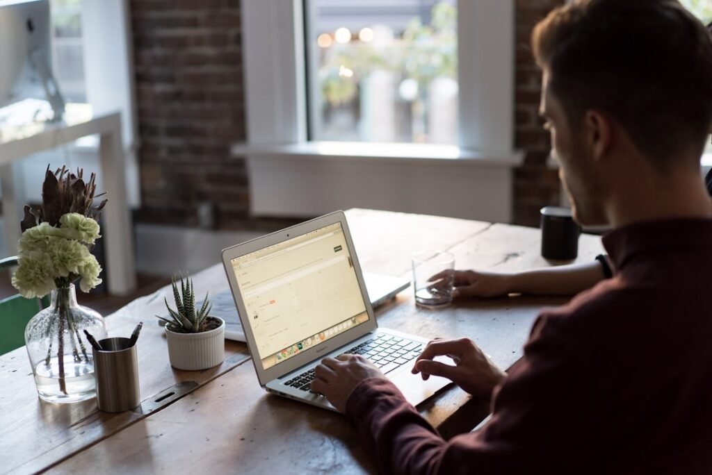 Mindful pause from work at a desk with laptop